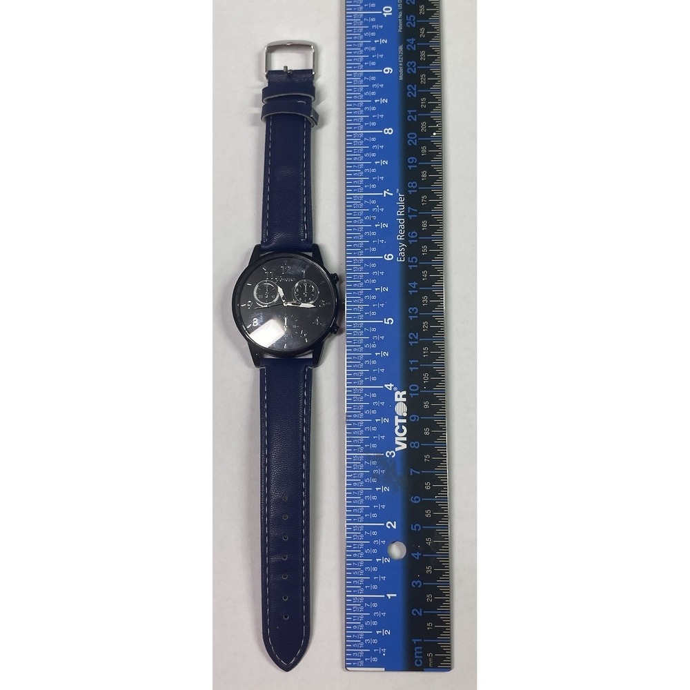 Geneva Men's Analog Wrist Watch Navy Blue Faux Leather Black Face 9.5" X 3/4"